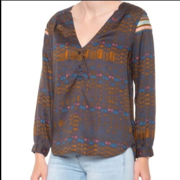 prAna Elsie Top Geo Print Tencel Long Sleeve Blouse Size M - Picture 1 of 10